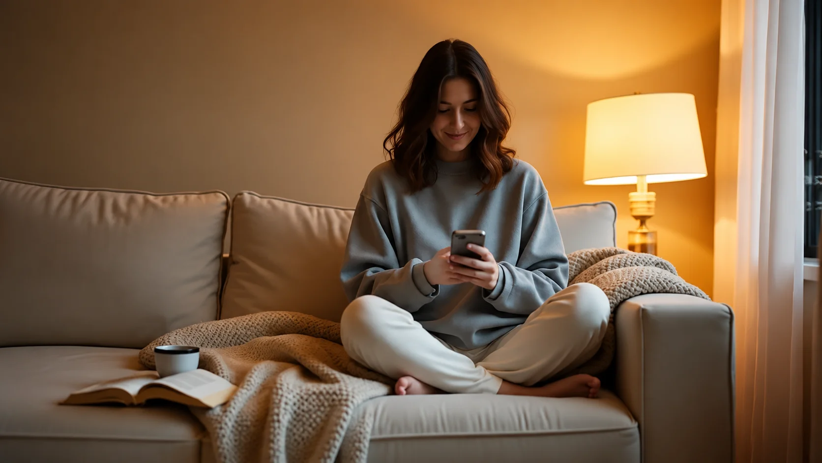 A young woman sitting cross-legged on a couch under a warm lamp, smiling while using her smartphone with an open book and coffee cup nearby.