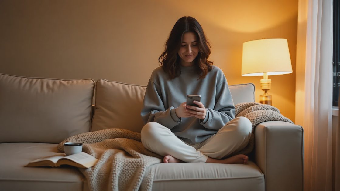 A young woman sitting cross-legged on a couch under a warm lamp, smiling while using her smartphone with an open book and coffee cup nearby.