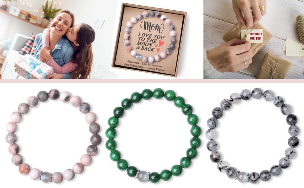 Natural gemstone beaded bracelets gift set for Mom, featuring moonstone, green jade, and black rutilated quartz crystal bracelets with a gift box.