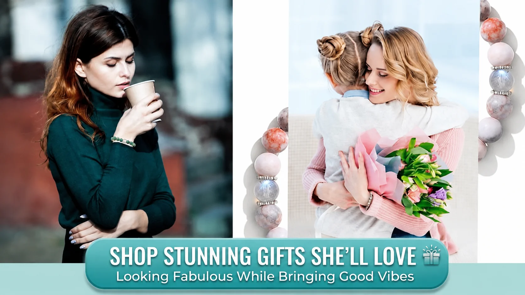 Shop stunning gifts crystal beaded bracelets for her, featuring a woman wearing a gemstone bracelet and a mother hugging her daughter with flowers.