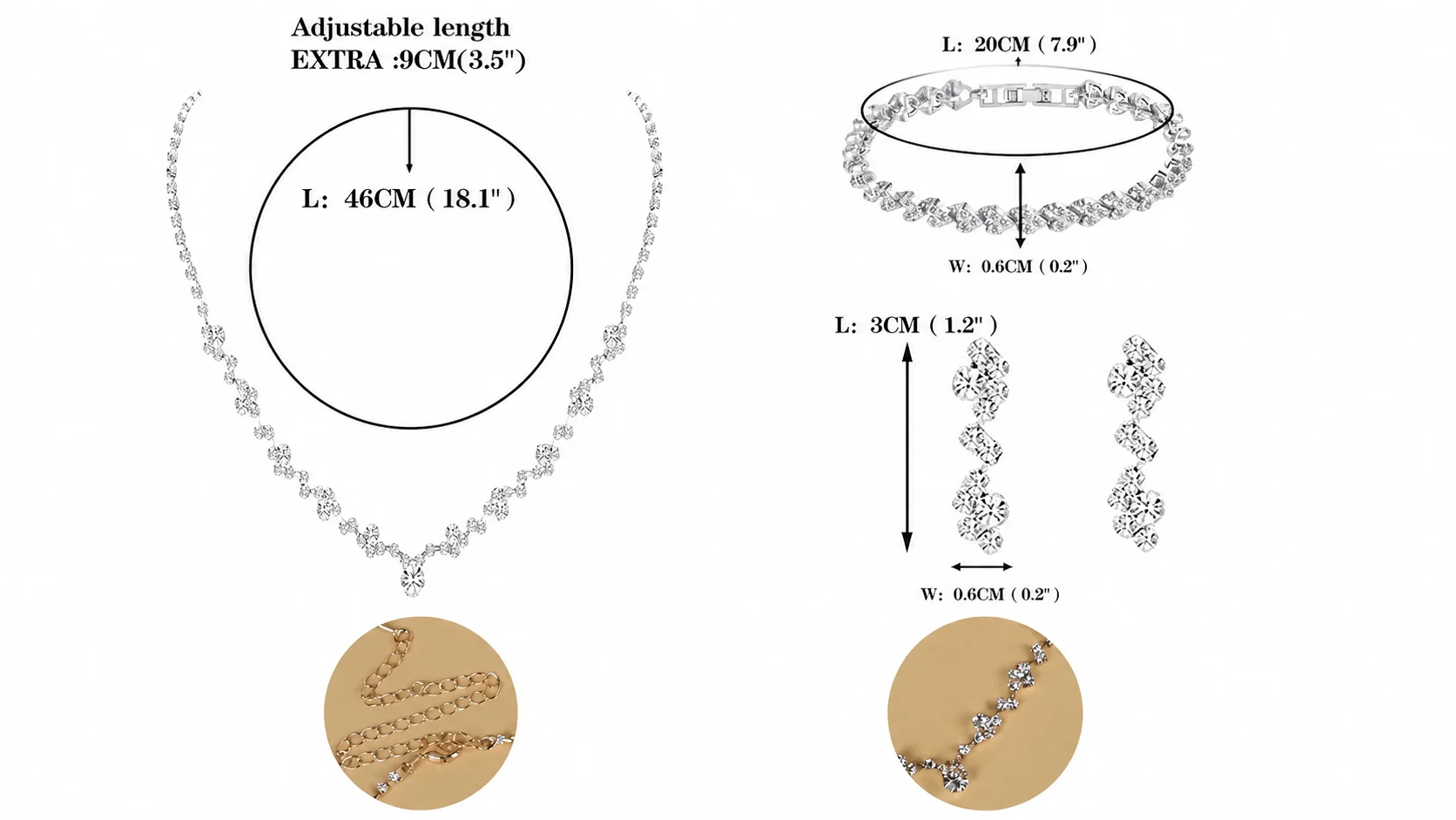 Silver crystal necklace and earrings size chart with adjustable 18.1 inch length and 7.9 inch tennis bracelet dimensions.