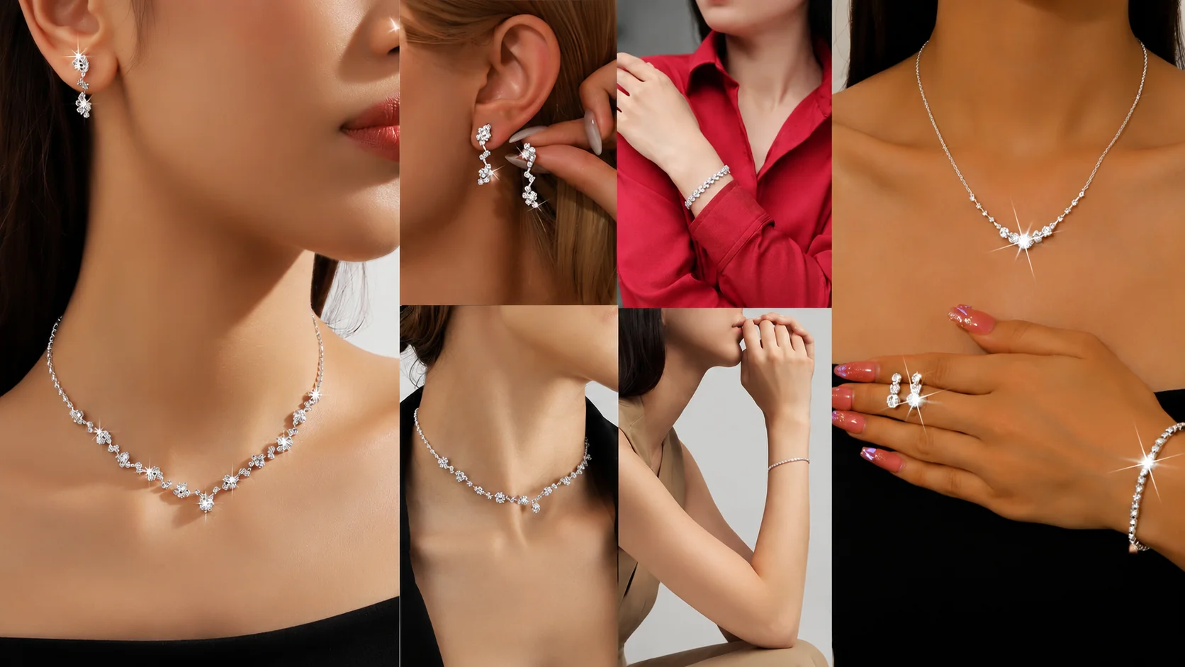 Bridal silver crystal necklace set for evening gowns, sparkling prom jewelry, and everyday elegant accessories for women.