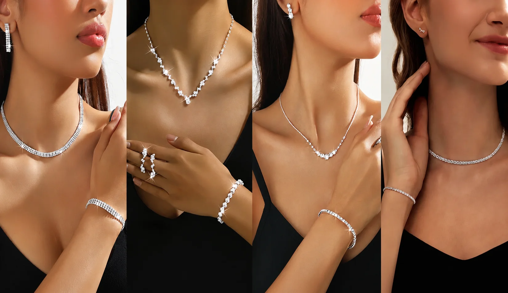 Elegant women's silver rhinestone jewelry sets including multi-row tennis necklaces, bracelets, and dangle earrings for weddings.