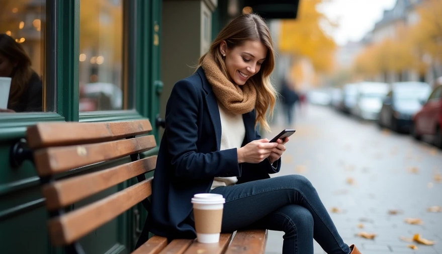 A smiling young woman sitting on a wooden bench on a city street in autumn, looking at her smartphone with a disposable coffee cup next to her.