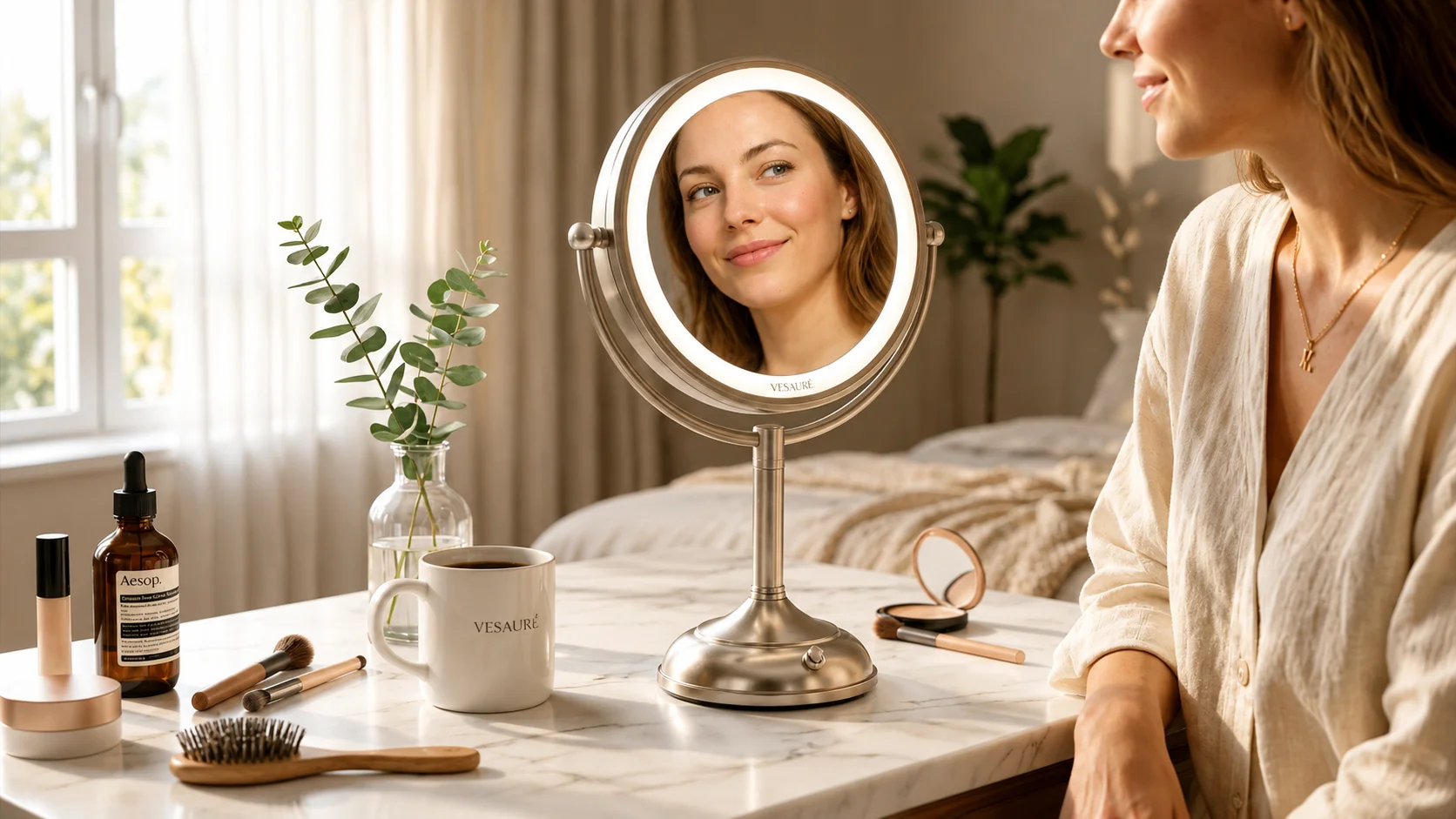 A young woman smiling next to a marble tabletop featuring a VESAURÉ lighted makeup mirror reflecting her face, surrounded by cosmetics, brushes, a coffee mug, and a small plant.