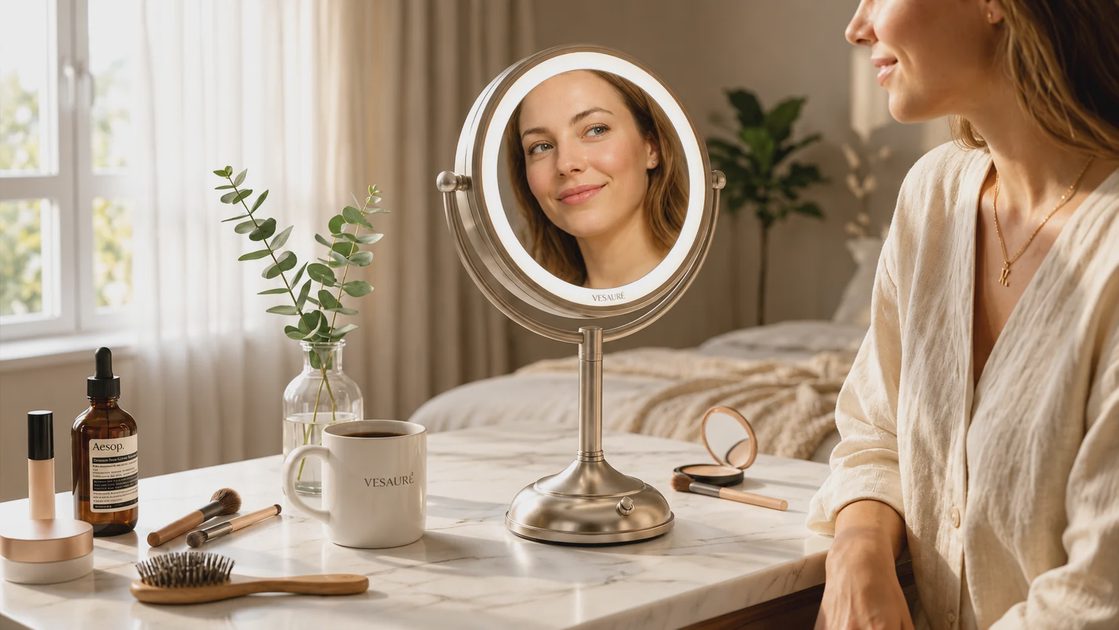 A young woman smiling next to a marble tabletop featuring a VESAURÉ lighted makeup mirror reflecting her face, surrounded by cosmetics, brushes, a coffee mug, and a small plant.
