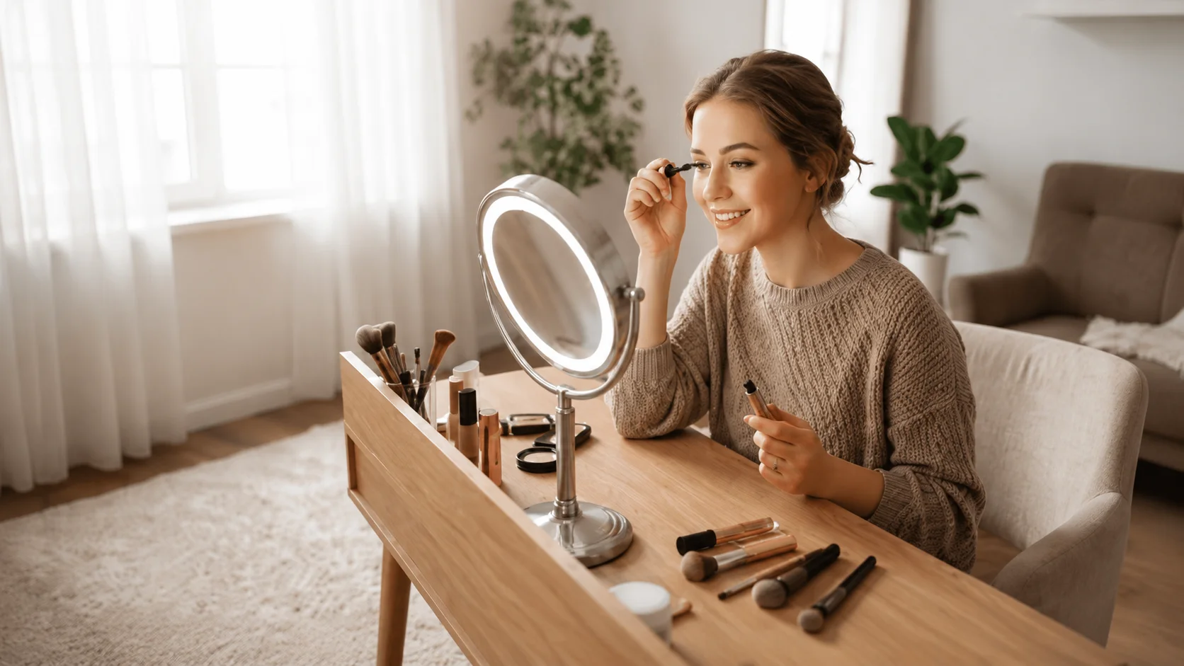 A smiling young woman sitting at a wooden vanity table and applying mascara in front of a lighted makeup mirror